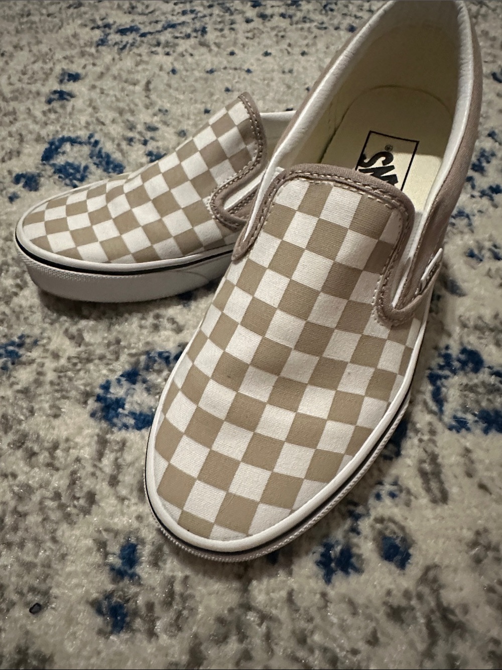 Vans Mushroom and White Checkerboard Slip-On Sneakers